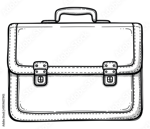 Black outline drawing of a classic leather briefcase with a sturdy top handle and two secure front clasps, perfect for educational, business, travel, or vintagethemed presentations and