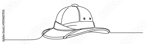 Continuous line drawing depicting a classic pith helmet, suitable for travel, safari, and exploration themes, ideal for website graphics or branding.