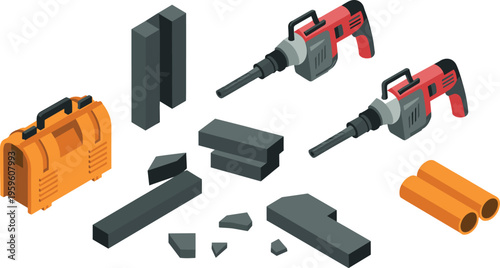 Isometric demolition tools and construction equipment set with jackhammer toolbox concrete blocks industrial building vector illustration collection