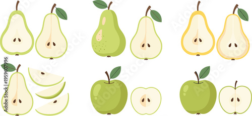 Pear and apple fruits collection vector illustration whole and sliced fresh organic food set healthy nutrition elements isolated on white background flat design