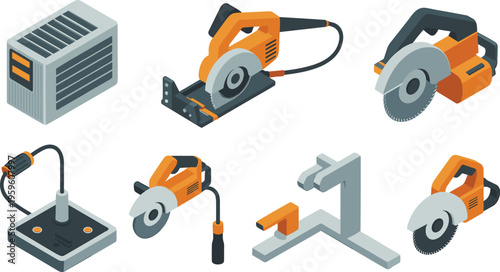 Isometric electric cutting tools set with circular saw machines and industrial equipment for construction workshop vector illustration design