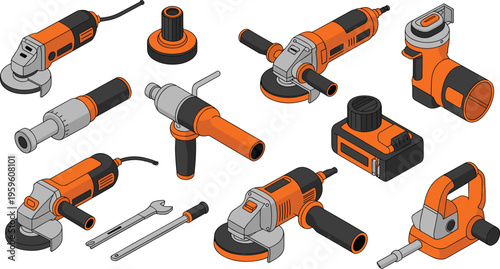 Isometric power tools set with angle grinders drills electric equipment professional workshop machinery industrial vector illustration collection