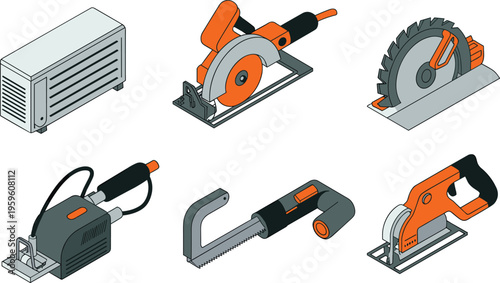 Isometric power tools set with circular saw jigsaw electric cutter industrial equipment woodworking machinery vector illustration isolated design