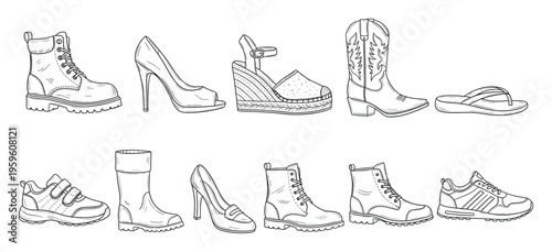 Black contour line artwork displaying different footwear styles such as work boots, high heels, espadrilles, cowboy boots, and athletic trainers for clothing store promotions and