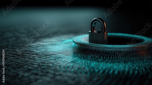 Metallic padlock rests atop a glowing digital platform against a dark, abstract background