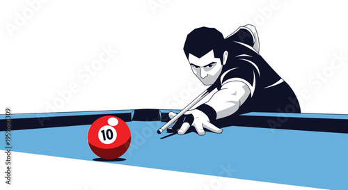 Man Focused On Aiming Cue Ball To Strike Number Ten Red Sphere On Blue Felt Table For Game Sport Recreation