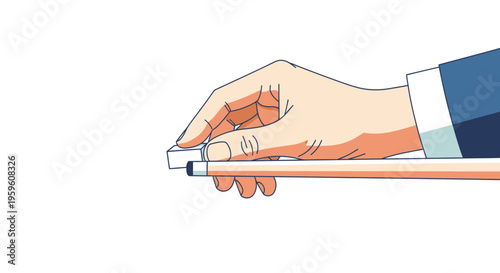 Person holding cue stick for table game preparation focused on hand and accessory against white background business professional activity