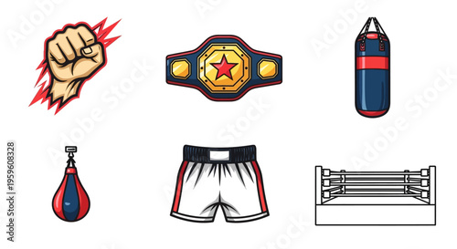 Collection Of Boxing Sport Icons Featuring Fist Championship Belt Punching Bag Speed Bag Shorts And Ring For Combat Sports Design Elements