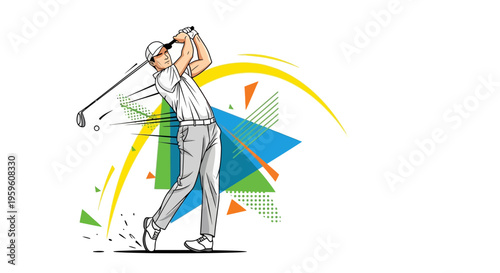 Male Athlete Swinging Golf Club During Outdoor Sporting Event With Dynamic Abstract Background Elements