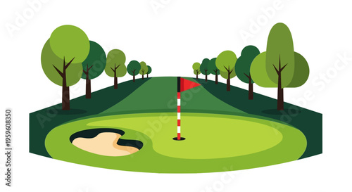 Golf Course Green With Flagstick And Bunker Surrounded By Lush Trees And Rolling Hills Scenic Landscape