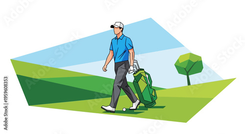 Golfer walking across a green course carrying a bag with clubs towards a hole on a sunny day with a stylized tree and sky in the background