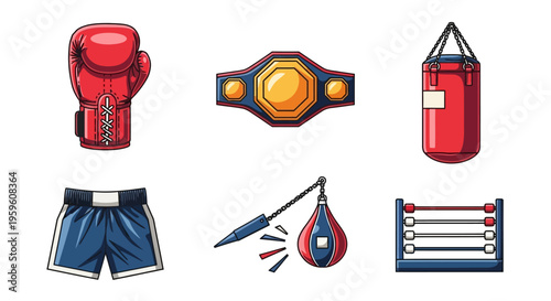 Collection of boxing sport equipment for combat training and competition including gloves shorts punching bag ring speed bag and championship belt