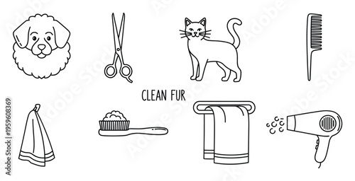 Essential pet grooming outline icons for professional animal care services and home pet hygiene routines to showcase veterinary needs or pet shop offerings.