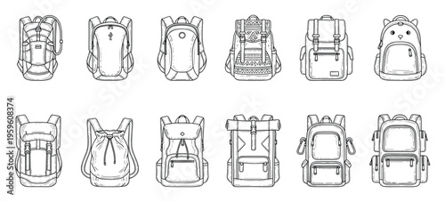 A comprehensive collection of assorted backpack designs perfect for travel and adventure themed projects or educational material requiring diverse baggage graphics.