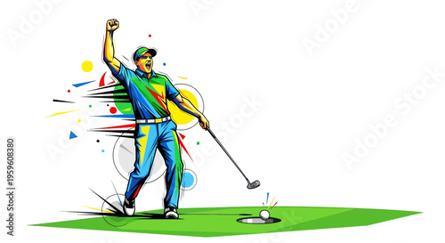 Golfer Celebrates Victory After Successful Shot on Green With Dynamic Abstract Elements Representing Motion And Achievement