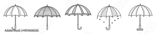 A collection of hand drawn umbrella outlines in various styles, perfect for weather themed projects, seasonal promotions, or decorative graphic assets.