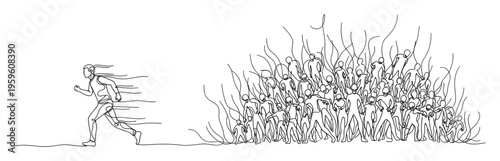 Dynamic single line drawing depicting a person running away from a struggling abstract crowd symbolizing individual ambition and overcoming obstacles for motivational and successthemed