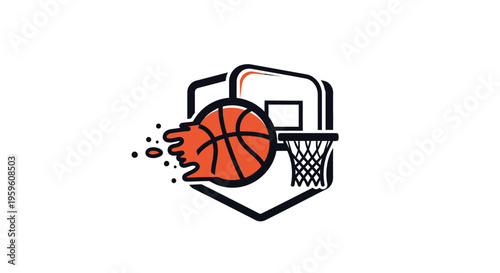 Dynamic Sports Emblem Design with Basketball Entering Hoop for Athletic Competition and Game Play Graphics