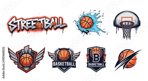 Collection of dynamic basketball logos and graphics representing sport competition and urban culture with graffiti and action elements