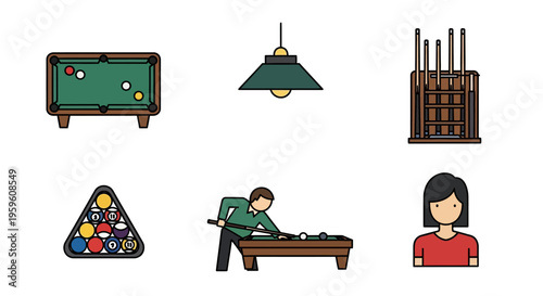 Collection of billiard and pool game related icons featuring a table rack of cues triangle balls and players enjoying leisure activity