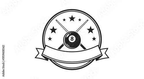 Circular Emblem With Eight Ball And Crossed Cues Featuring Star Accents And Blank Banner For Text On White Background