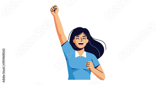 Young Woman Celebrates Success With Arm Raised High In Joyful Triumph On White Background Isolated