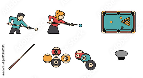 People playing billiards game with cues balls and table representing leisure and sport activity indoors for recreation and competition with friends