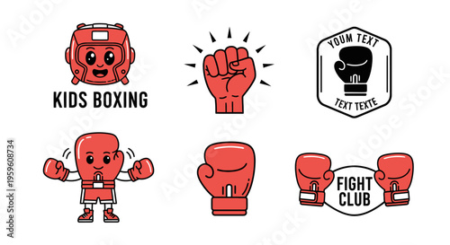Collection of cartoon boxing icons and emblems for sports and fitness themes featuring gloves and headgear for children and competition