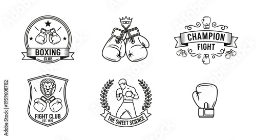 Collection of boxing emblems and logos with gloves and fighters in line art style for sports design elements