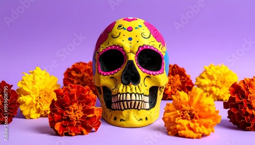 Day of the Dead Sugar Skull with Marigolds.