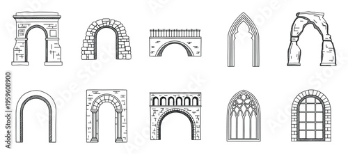 Collection of hand drawn architectural archway and bridge sketches ideal for educational materials history books or building construction project inspiration