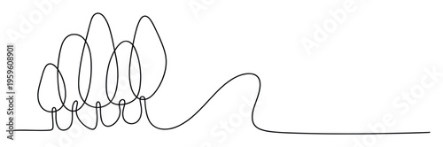 Continuous single line drawing depicting stylized growing trees merging with an abstract flowing landscape suitable for minimalist wall decor and modern graphic design projects