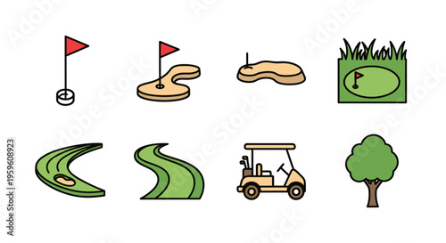 Golf course elements and icons set with flag, cart, and green illustrations.