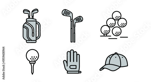 Golf equipment collection featuring golf bag, clubs, balls, glove, and cap on white background.