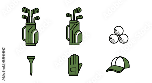 Golf equipment set including golf clubs, balls, glove, tee, and a hat.