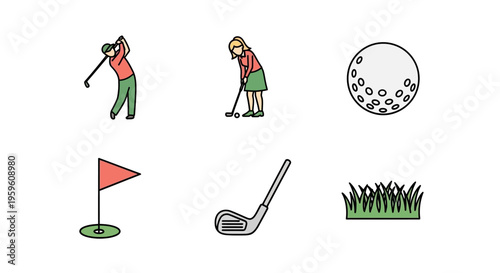 Golfing icons set featuring players, ball, flag, club, and green grass elements.