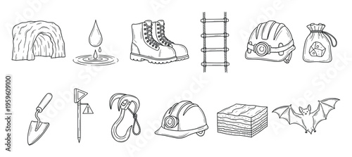 A comprehensive collection of hand drawn outline icons depicting caving and mining equipment alongside natural cave elements, perfect for educational resources, adventure guides, or graphic