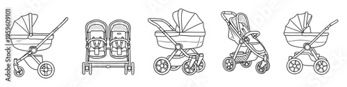 Collection of diverse baby strollers and prams in outline style, perfect for nursery projects, infant product guides, or parenting website graphics.