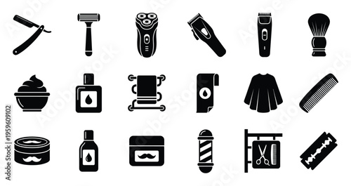 Professional barber shop and mens grooming tools icons for personal care products, salon services, and hygiene related branding materials