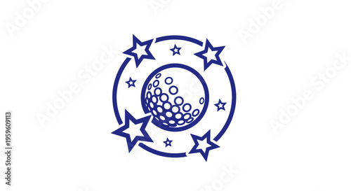 Golf ball logo with stars and circle design on a white background.