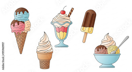 A colorful vector illustration of various ice cream treats on a white background