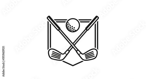 Golf emblem featuring crossed clubs and a golf ball inside a shield.