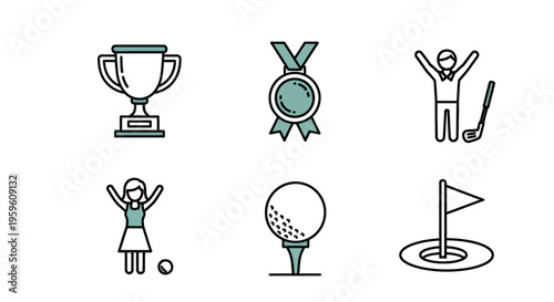Golfing icons set featuring trophy, medal, golfer, ball, flag, and hole.