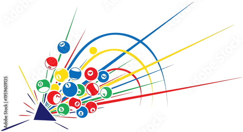 Colorful billiard balls exploding from a triangle shape with abstract lines.