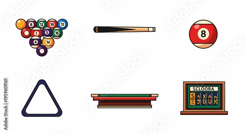 Collection of billiard equipment including balls, cue, triangle, and scoreboard on white background.
