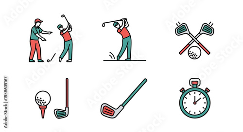 Golfing icons set featuring players, equipment, and related elements in a vector illustration.