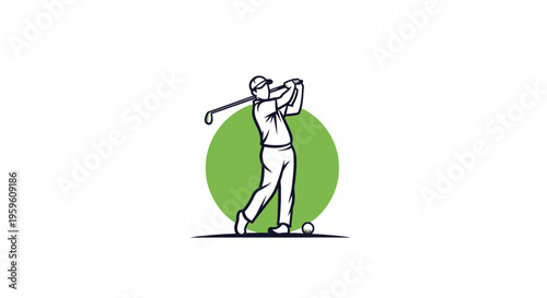 Golf player in action with a golf ball and green circle background.
