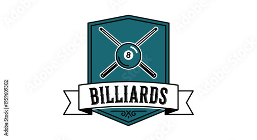 Vintage Style Emblem Featuring Crossed Cues and the Word Billiards Centered on a Ribbon Against a White Background