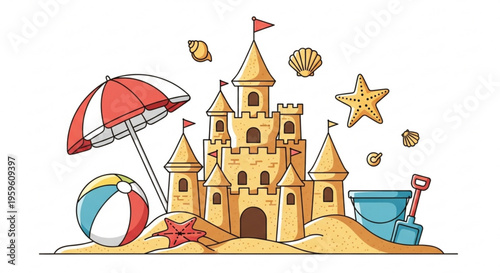 A colorful cartoon illustration of a sandcastle with a beach ball, umbrella, and seashells on a sunny day