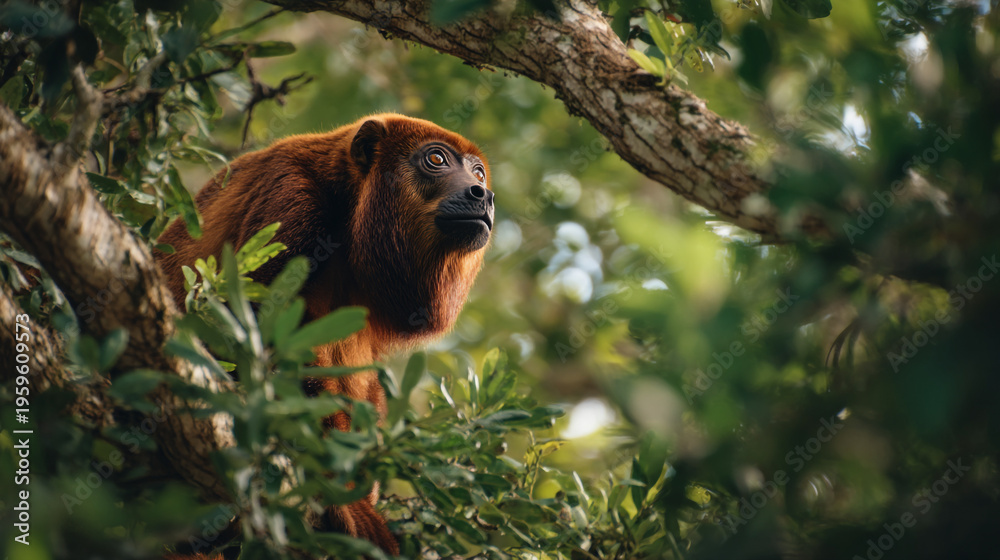 Obraz premium A red monkey sitting on a tree branch in a forest